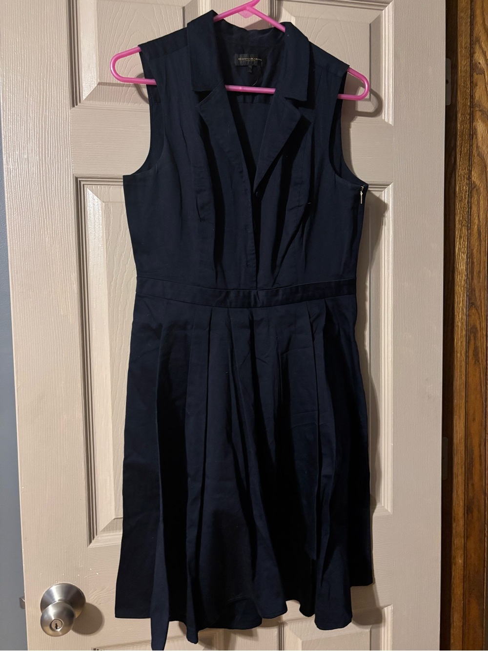Donna Karan Navy Sleeveless Collared Pleated Midi Dress